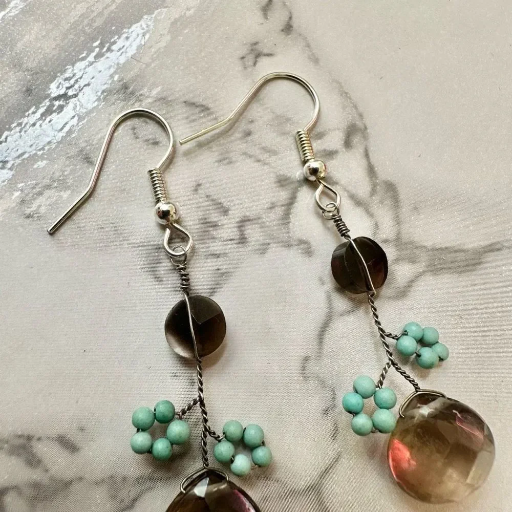 Smoky Quartz and turquoise dainty earrings